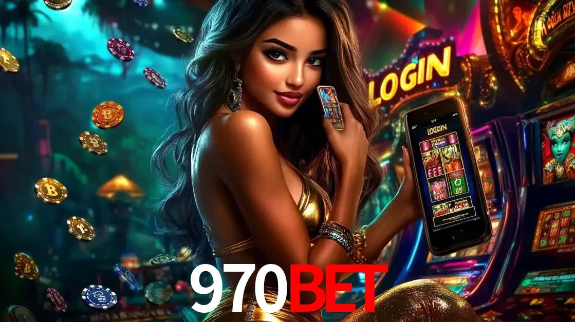 Mulher em um cenário de cassino temático de aventura, mostrando o app de caça-níqueis da 970bet no celular. Fichas de apostas flutuam ao redor.