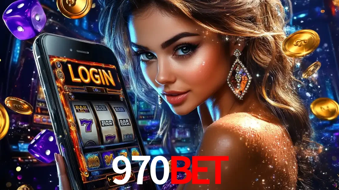 Mulher glamorosa segurando um smartphone com a tela de login para os jogos de caça-níqueis do cassino online 970bet, com moedas de ouro e dados ao redor.