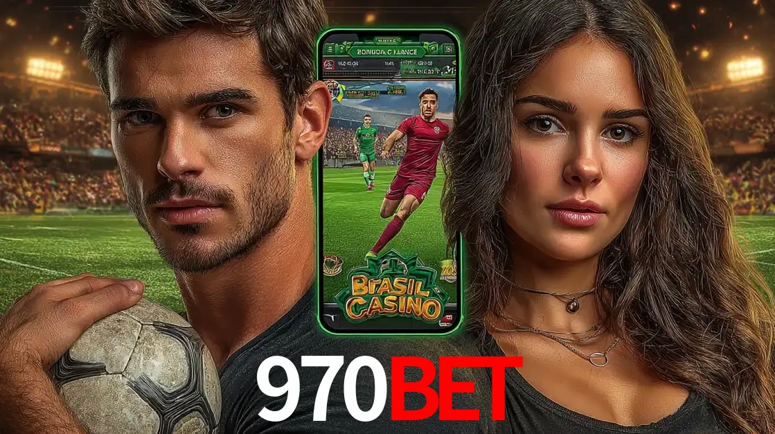 Homem segurando uma bola de futebol e uma mulher ao lado de um smartphone exibindo o jogo de apostas esportivas da 970bet. Faça seu palpite no cassino online.